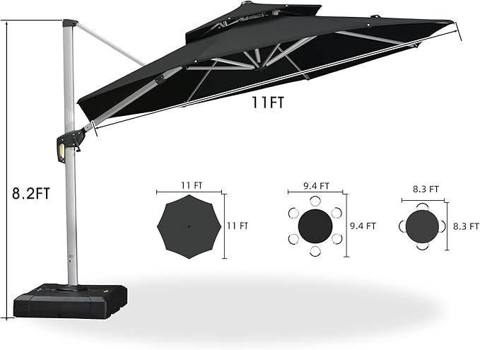 PURPLE LEAF 11 FT Cantilever Patio Umbrellas with Base Included, Large Round Offset Umbrella with 360° Rotation, Outdoor Aluminum Pool Umbrella for Pool Lawn Garden, Black