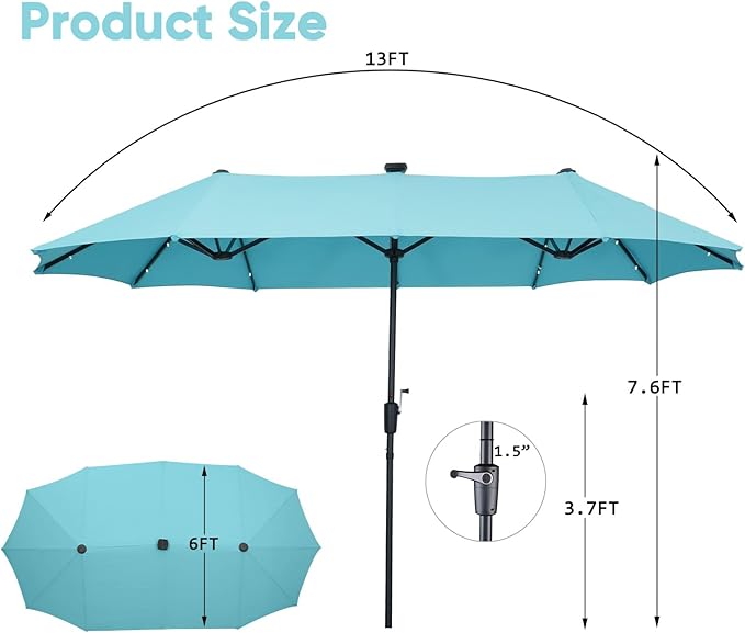 13Ft Large Patio Umbrella with Solar Lights Outdoor Double-Sided Market Table Umbrella Easy Crank for Yard, Poolside, Deck-Blue