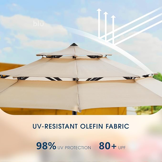 BLUU MAPLE Olefin 9 FT 3 Tier Patio Market Umbrella, 3-year Color Fastness Olefin Canopy, Outdoor Table Umbrellas with 8 Strudy Ribs & Push Button Tilt for Lawn, Deck, Backyard & Pool (Beige)