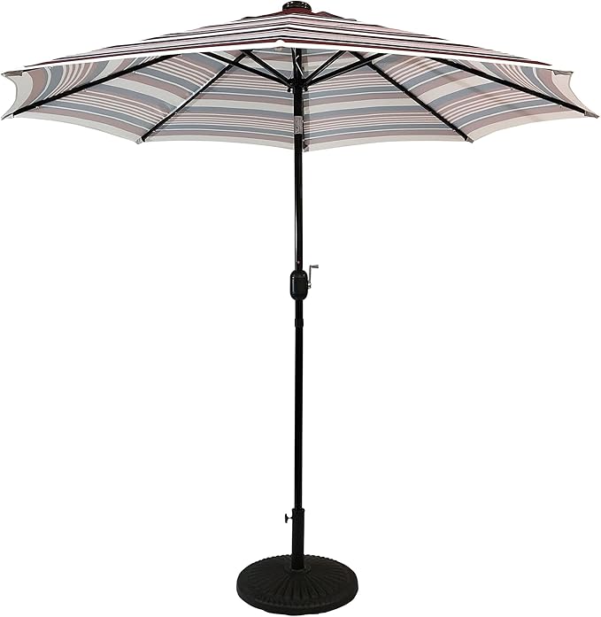 9' Round Patio Umbrella with 32 Solar Powered LED Lights, Push-Button Tilt and Hand Crank Lift, Solar Lighted Umbrella in Scarlet Stripe for Patio, Porch, and Backyard by Sun-Ray