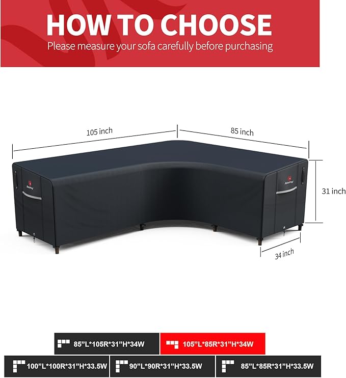 Rosefray 600D Outdoor L-Shaped Sectional Cover,Heavy Duty Anti UV Patio Sectional Sofa Cover with Air Vent, Waterproof Furniture Covers for Deck, Lawn,Backyard Right Facing 105''x85'' Black
