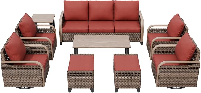 COOS BAY Modern Wicker Outdoor Furniture Set, 9 Piece Patio Conversation Set with 4 Swivel Rockers, a 3 Seat Couch, 2 Ottomans, Coffee Table & Side Table, 9 Piece, Brown/Red