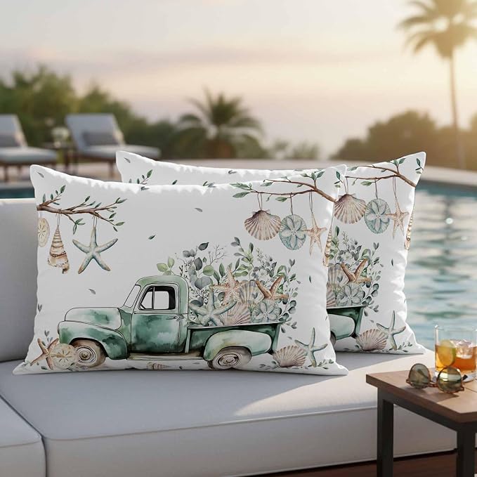 Sage Green Truck Outdoor Waterproof Throw Pillow Covers Set of 2, 20"x12", Ocean Starfish Shell Summer Leaf Decorative Pillow Covers Outside Cushion Case for Patio Porch Garden