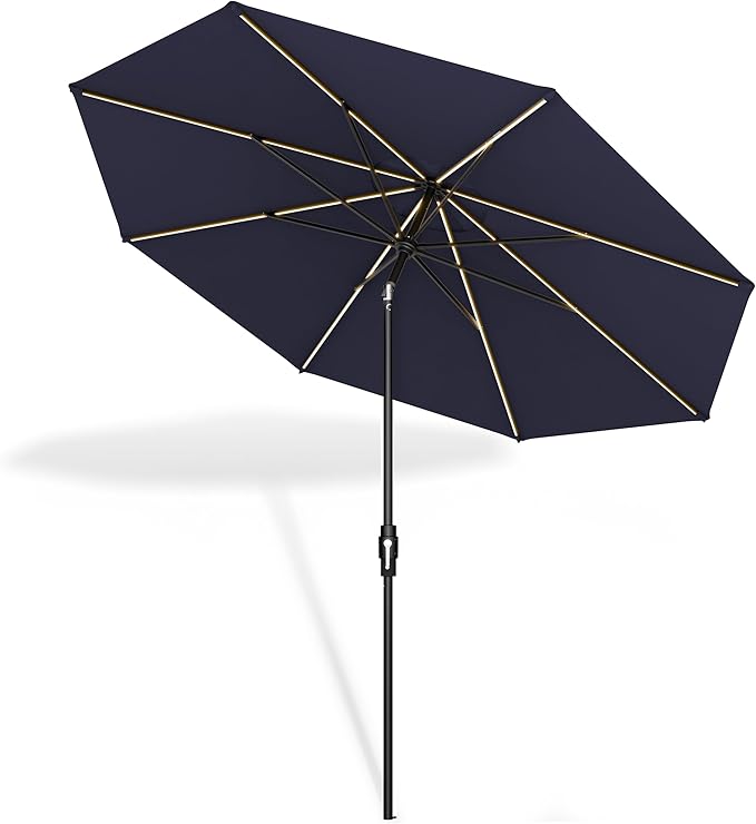 Midtown Umbrellas The LED Swilt 10 Feet Patio Umbrella With Terylast Navy (Navy Blue) Polyester Fabric - Auto-Tilt Aluminum Frame With LED Lights For Backyard, Deck, Garden, Pool - Black Pole