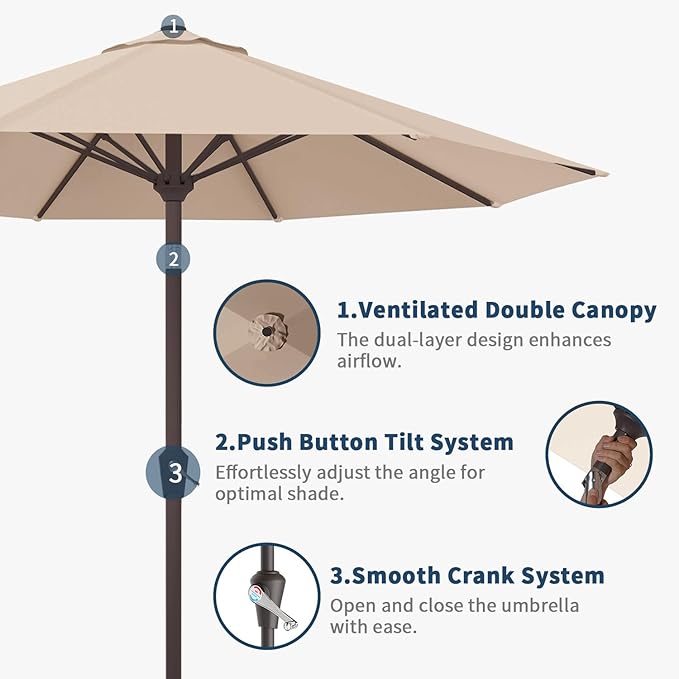 10FT Patio Umbrella Outdoor Market Umbrella with Crank and Tilt, 8 Flexible Fiberglass Ribs, UV-Resistant Waterproof Canopy for Patio, Deck, Garden, Backyard, Beige