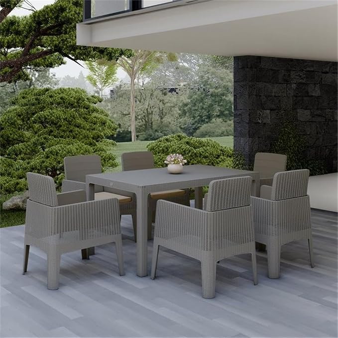 Pemberly Row 7-Piece Patio Dining Set, Gray Faux Rattan and Wood Finish, Durable Plastic, Beige Cushions, Rectangular Table with Umbrella Hole, Foldable and Stackable Armchairs, UV Protected, Outdoor