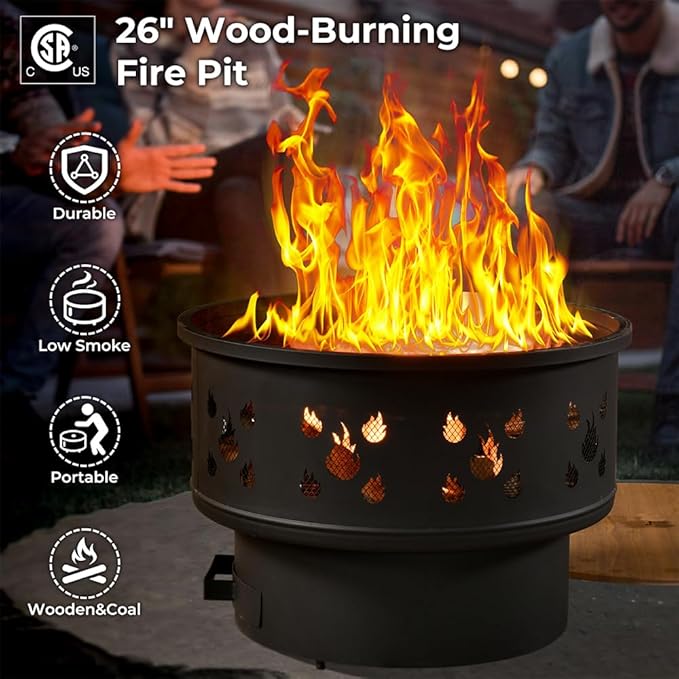 HOOOWOOO 6-Piece Outdoor Wicker Patio Furniture Set, All-Weather Rattan Sectional Sofa Chairs with Fire Pit and Side Table, Modern Garden Conversation Set for Patio, Porch, and Backyard (Navy Blue)