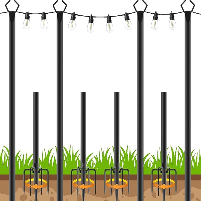 4 Pack 10FT String Light Poles,Metal with Fork Lights Poles for Outdoor String Light, Rustproof Heavy Duty for Outside Garden,Patio,Wedding,Backyard,Deck,Party