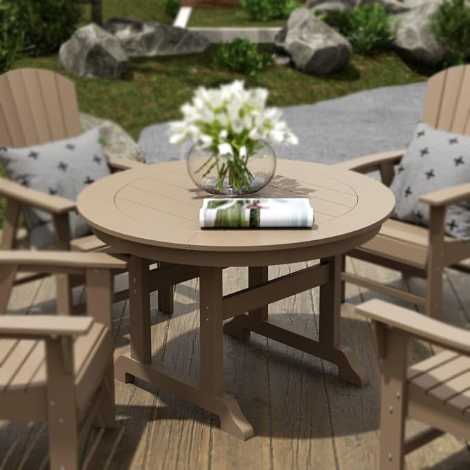 WestinTrends Malibu Patio Dining Table, All Weather Poly Lumber Adirondack 47" Trestle Round Outdoor Table with Umbrella Hole, Weathered Wood
