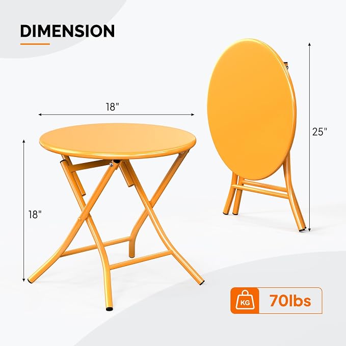 VINGLI Patio Metal Folding Side Table, Portable Small Outdoor Folding Round Table, Perfect for Indoor and Outdoor Spaces Like Balconies, Backyards, Porches, and Patios.Yellow（1 Pack）