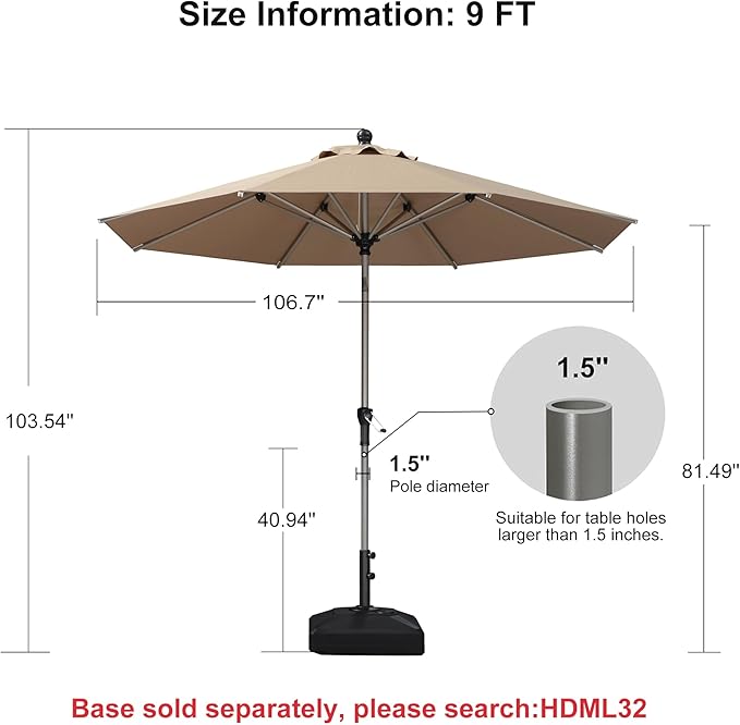 PURPLE LEAF 9' Round Patio Umbrella with Tilt Adjustment, Outdoor Table Umbrella Champagne Aluminum Frame, Market Umbrella Pool Umbrella for Deck Garden, Patio, or Poolside