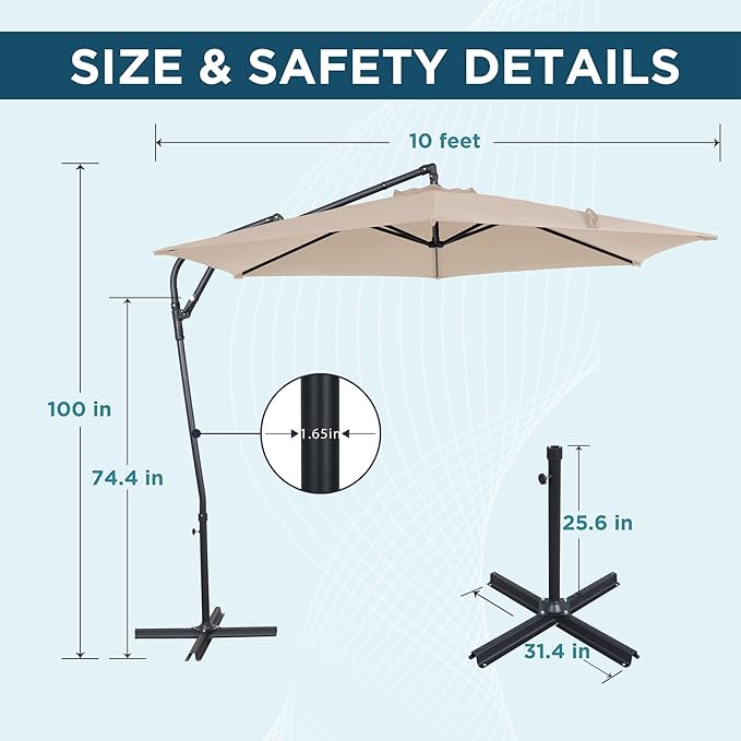 10FT Offset Patio Umbrella, Cantilever Hanging Umbrella with Infinite Tilt, Fade-Resistant Water-Repellent Canopy & Cross Base for Yard, Garden & Deck