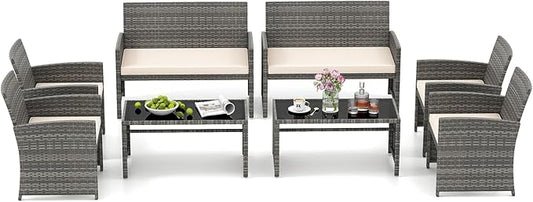 HAPPYGRILL 8 Piece Rattan Wicker Patio Conversation Set, Outdoor Furniture with Chair Loveseat Table & Cushion, for Backyard Porch Balcony (2, Off White)