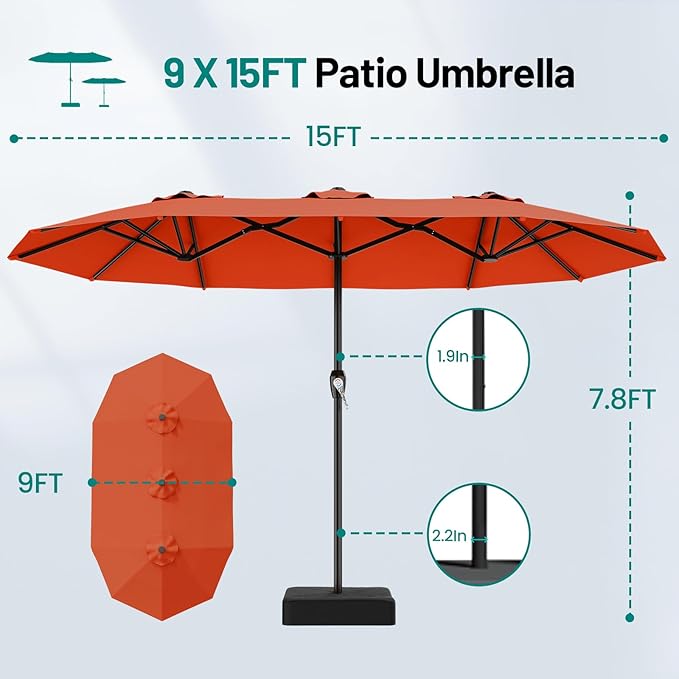 AreShark 15ft Patio Umbrella with Base, Double Sided Outdoor Umbrella with 12 Fiberglass Ribs, Large Outdoor Umbrella for Garden, Pool, Deck, Backyard & Market, Orange