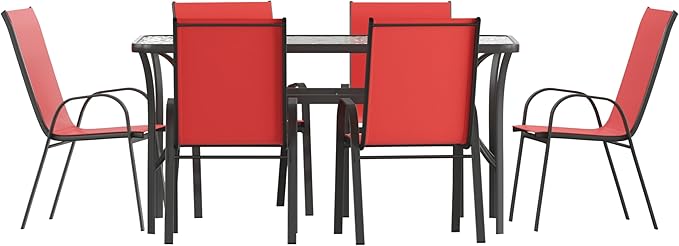 Flash Furniture Brazos Commercial Outdoor Dining Set, 60" Tempered Glass Patio Table with Umbrella Hole, 6 Stack Chairs with Flex Comfort Seats and Backs, Red/Black