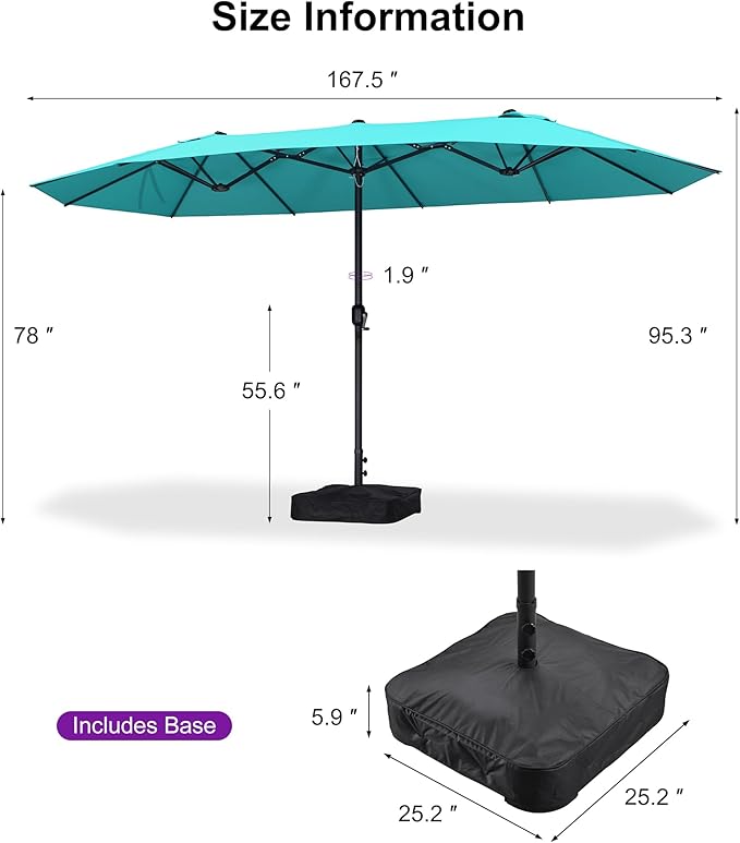 PURPLE LEAF 14ft Patio Market Umbrella with Base Double-Sided Rectangle Outdoor Table Sun Umbrellas with Crank 12 Heavy Duty Sturdy Ribs for Pool Beach Deck Backyard Turquoise Blue