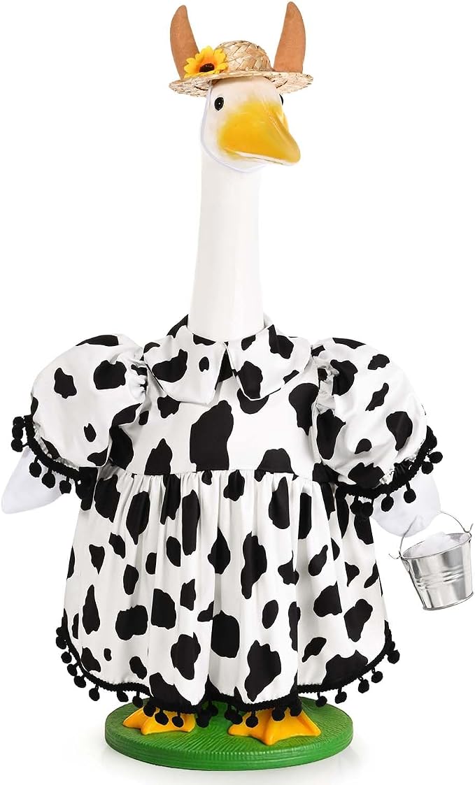 Honic Cow Porch Goose Outfits Funny Farmhouse Goose Costume with Dress Hat and Mini Milk Bucket for 23 Inch Cement or Plastic Goose for Spring Summer Outdoor Garden Yard Patio Lawn Decor