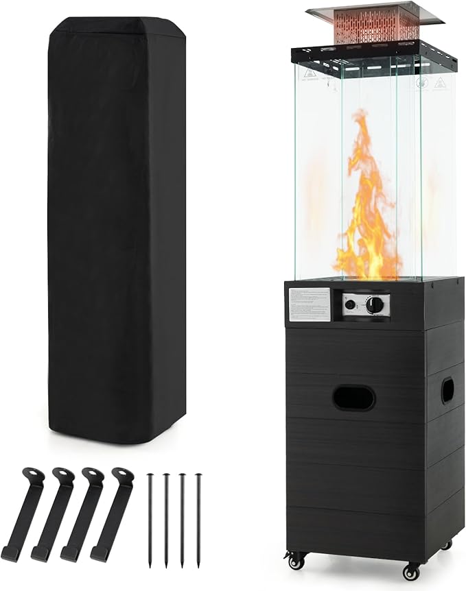 COSTWAY Outdoor Heater, 40,000 BTU Square Patio Propane Heater with Tempered Glass Tube, Protective Cover, Lockable Wheels, CSA Certified, Perfect for Porch Backyard Balcony Poolside, Black