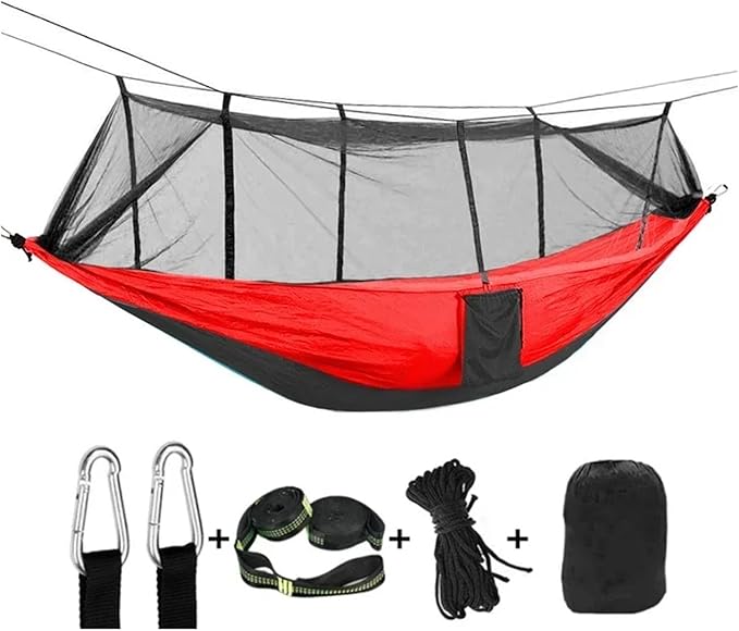 Hammock Camping Hammock with Net, Lightweight Portable Double Parachute Hammocks, High Capacity & Tear Resistance for Backyard,Hiking Camping Essentials (Color : Red-6loops)