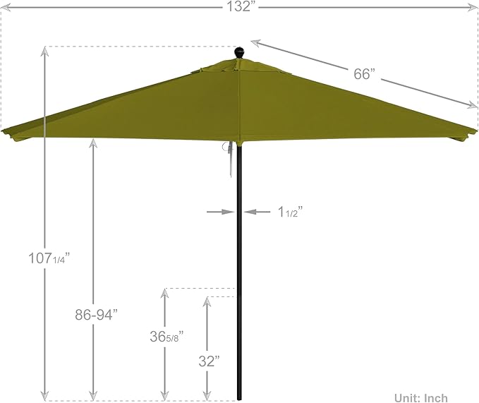 California Umbrella 11Ft Commercial Grade Market Umbrella, Pulley Lift, Aluminum/Fiberglass, 2mm pole wall, Black Frame, Solution Dyed Kiwi Fabric