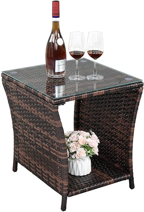 Outdoor Wicker Rattan Side Table, Square Rattan Coffee End Table Patio Wicker Table with Tempered Glass Top and Storage for Patio Garden Balcony (Brown)