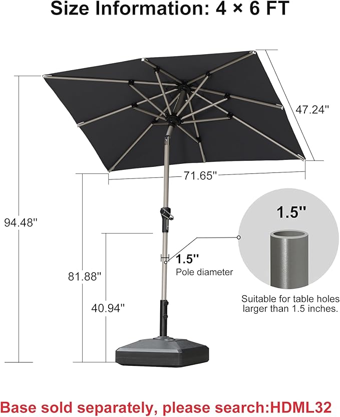 PURPLE LEAF 4' x 6' Rectangle Outdoor Umbrella for Patio with Tilt Adjustment, Patio Table Umbrella for 3 Year Fade Resistant, Aluminum Pool Market Umbrella for Deck, Garden, Patio, Poolside or Lawn
