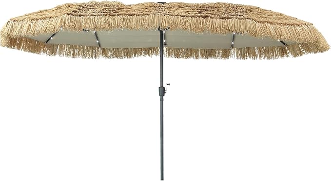 13ft Thatch Umbrella with Solar Lights Tiki Bench umbrella With Crank, Water-resistant for Bench, Patio,Pool