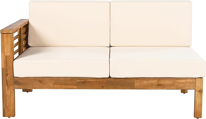 Christopher Knight Home Havets 81.25" Sectional L Shaped Sofa, 4 Pieces Acacia Wood Patio Furniture Set, Slat Coffee Table, Spacious Seat and Table Set for Backyard Garden Balcony, Teak+Beige