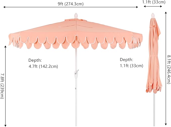 JONATHAN Y Terrace Scalloped 9 ft. Half Round Patio Umbrella with Crank Lift and Tilt, Coastal Semicircle Market Wall Umbrella for Balcony, Coral Pink/White, White Pole UMB1202H