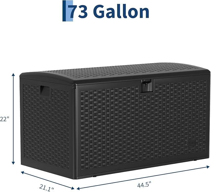IDEALHOUSE 73 Gallon Deck Box, Waterproof Resin Outdoor Storage Box, Lockable Patio Container & Bench for Furniture Cushions, Garden Tools,Black
