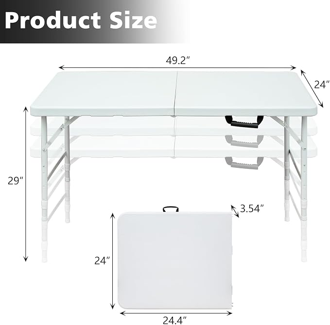 Portable 4Ft Folding Table, Heavy Duty Plastic Fold-in-Half Utility Foldable Table Small, Adjustable Height Plastic Folding Table with Carrying Handle for Camping & Party Indoor/Outdoor(White)