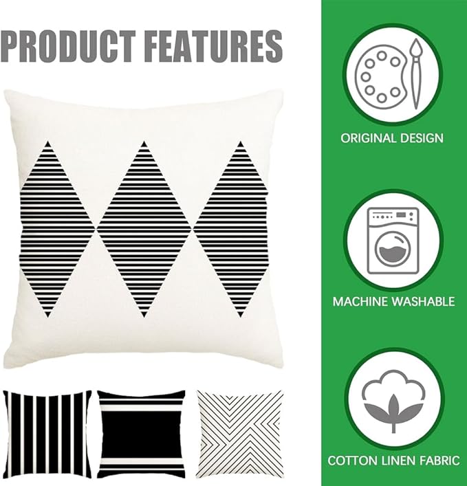 RABUSOFA Outdoor Pillows Waterproof,16x16 inch Black and White Boho Set of 4 for Patio Furniture,Sunbrella Outdoor Cushion Covers(no Insert)