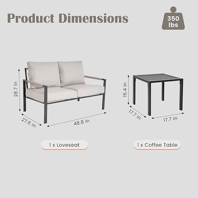 2 Pieces Rattan Outdoor Furniture Set, All-Weather Patio Loveseat with Warm Grey Cushions and Coffee Table for Garden, Backyard, Balcony, Poolside