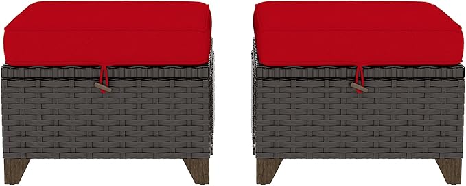 2 Pieces Patio Outdoor Ottomans with Removable and Washable Covers，PE Rattan Wicker Footstools for Porch, Garden, Sunroom (Red)