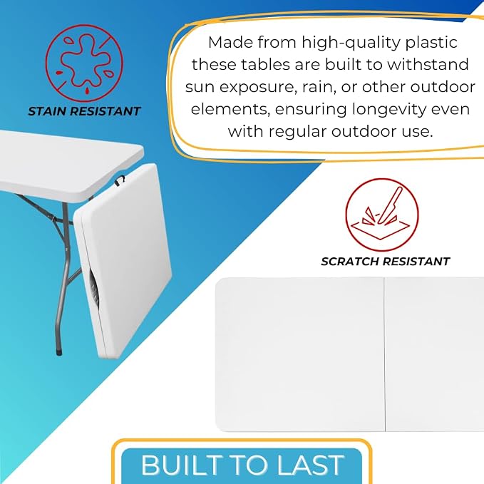 Ezone 8ft Indoor Outdoor Heavy Duty Portable Folding Plastic Dining Table w/Handle, Lock for Picnic, Party, Camping - White (8 Ft)