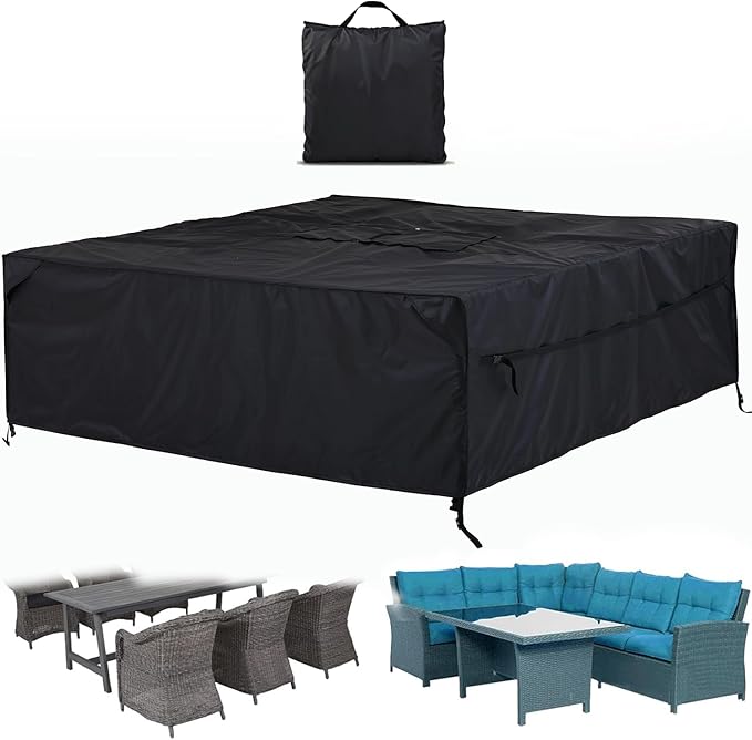 Patio Furniture Covers Waterproof - 420D Outdoor Table and Chair Set Cover with Built-in Storage Bag - Rectangular Patio Table Cover for 6-Seat Dining Set or Sectional Sofa - Black