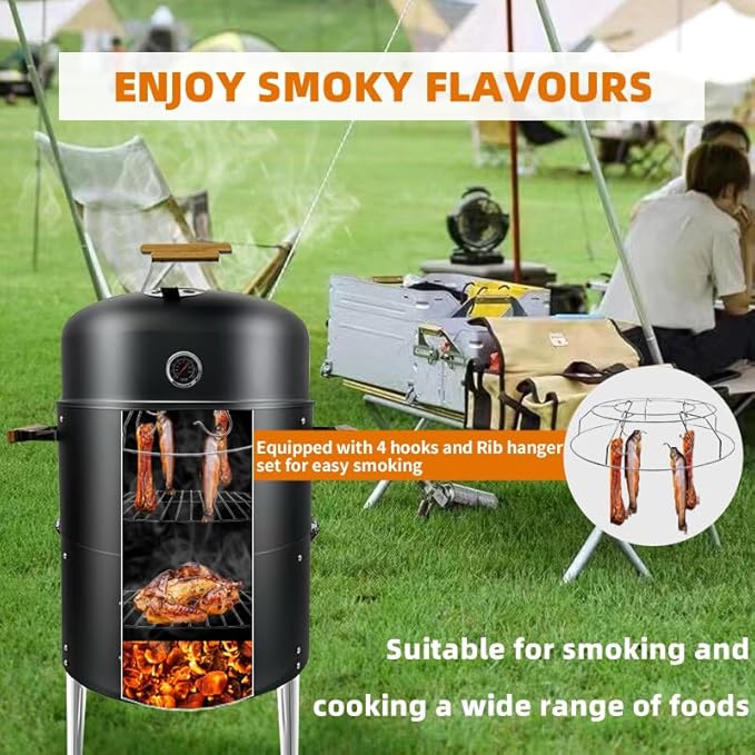 17-1/2" 3-IN-1 Smoke grill Built in termometer, Air Vent and Access Doors Multi-Layer Heavy duty Smoke BBQ with 3 wooden Handles heavy duty BBQ