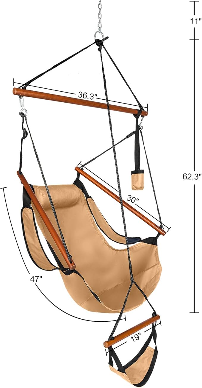 Hammock Hanging Sky Chair with Footrest, Folding Camping Air Deluxe Swing Seat with Rope, Heavy Duty Foldable Rocker with Cup Holder for Outdoor Beach Patio Sport Lawn (Khaki)