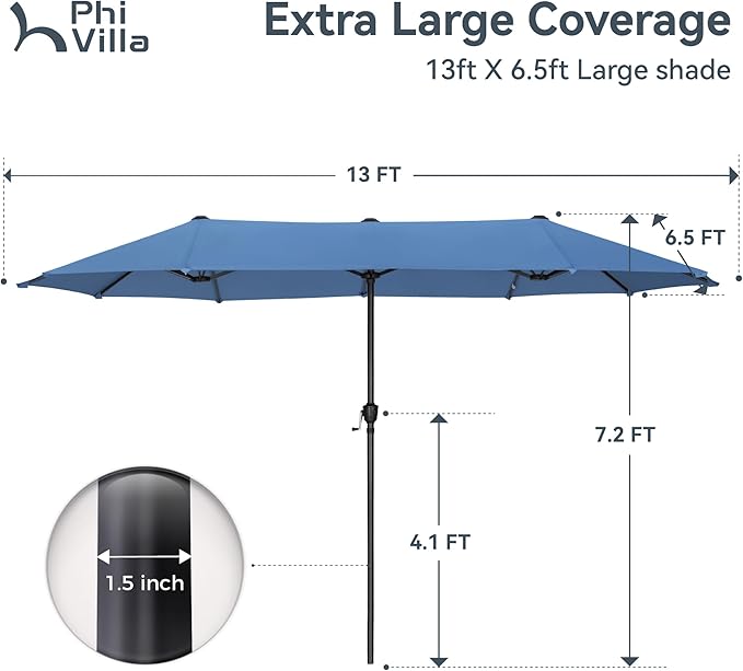 PHI VILLA 13ft Large Patio Umbrellas, Double-Sided Outdoor Market Rectangle Umbrella for Outside, Haze Blue