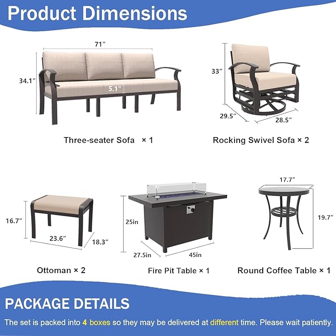 Kullavik Aluminum Patio Furniture Set with Propane Fire Pit Table,7-seat Metal Outdoor Furniture w/Swivel Chairs, Patio Sectional Sofas w/2 Ottomans for Porch,Backyard,Poolside-Sand