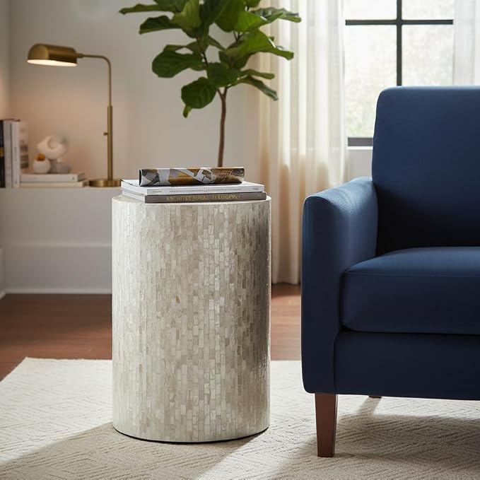 PEMAR Mother of Pearl Cylinder Drum End Table Nacre Side Stool Round Accent Table Coffee Bedside Nightstand and Vanity Stool 13" Diameter x 19.3" High Pearl White & Cream
