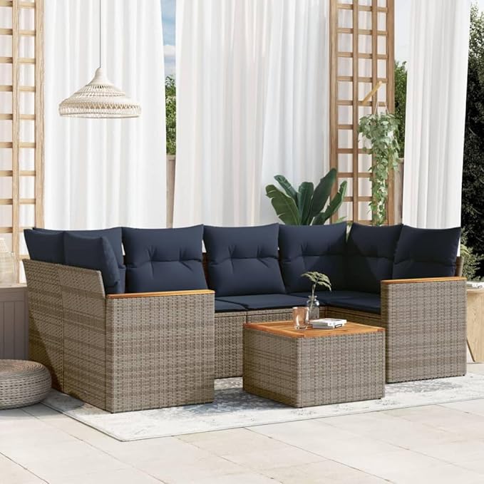 vidaXL Patio Sofa Set with Cushions 7 Piece, Outdoor Conversation Set, Patio Sectional Sofa for Balcony Garden, Modern Style, Gray Poly Rattan