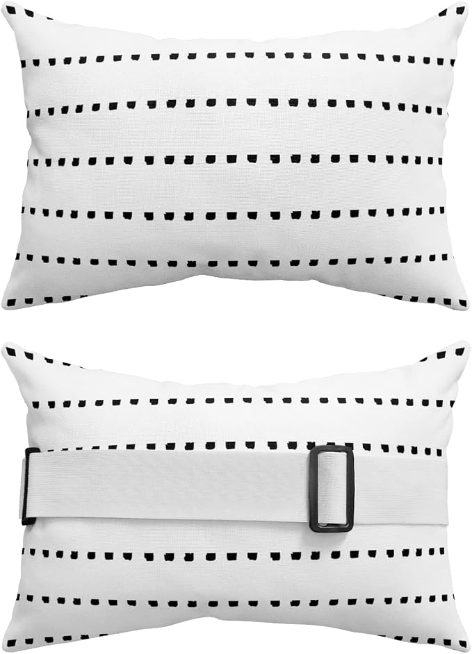 Outdoor Pillows Covers with Inserts Boho Polka Dot Stripes Geometric Black White Waterproof Recliner Pillow with Adjustable Strap Throw Pillows for Patio Furniture Pool Lounge Chair, 11x16 inch, 1PCS