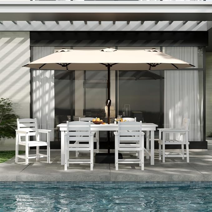 Outdoor HDPE Dining Set 5 Pieces, Patio Table with Umbrella Hole and 4 Chairs, All Weather Patio Furniture for Lawn, Garden, Backyard, Deck, Poolside, Heavy Duty Outdoor Dining Table and Chairs, White