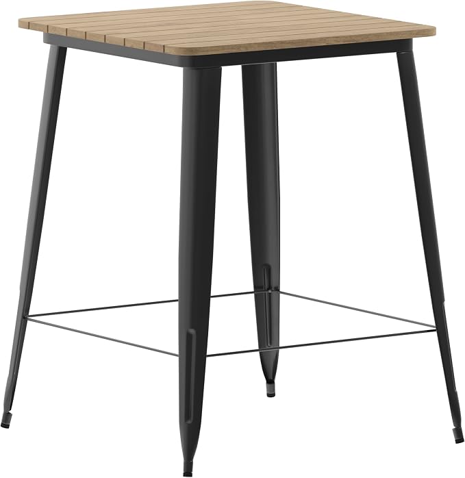 BizChair Commercial Outdoor Dining Table Bar Height, All Weather Poly Resin Top with Steel Base, 31.5" Square, Brown/Black