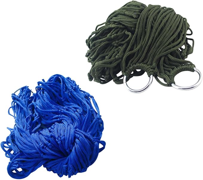 Artibetter 2pcs Outdoor Nylon Rope Hammocks Double Sleeping Swing Beds for Camping Travel Backyard, Foldable Lightweight Mesh Hammock Set in Blue and Army Green Random Color