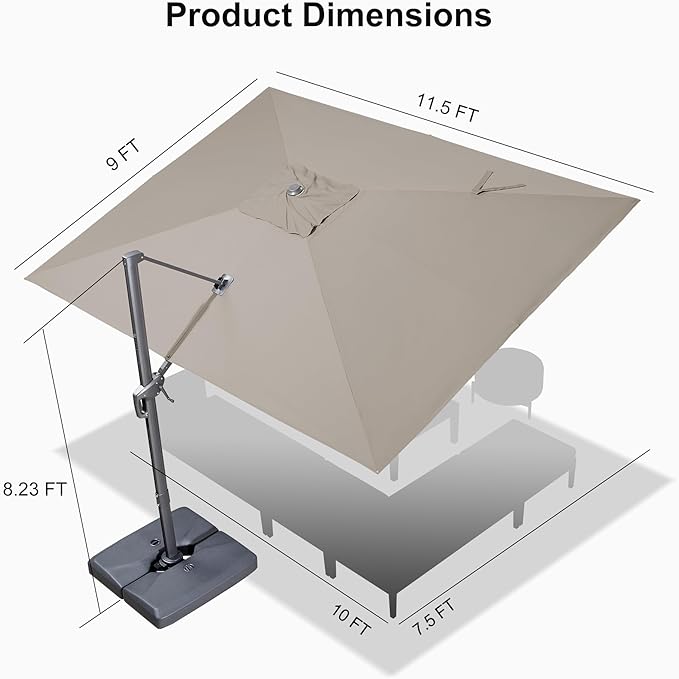 PURPLE LEAF Patio Umbrella 9' X 11.5' Cantilever Umbrella with Central Lights and Base Aluminum Outdoor Umbrellas with 360-degree Rotation & UPF40+ Fabric for Deck Pool Garden Yard, Ash Mocha