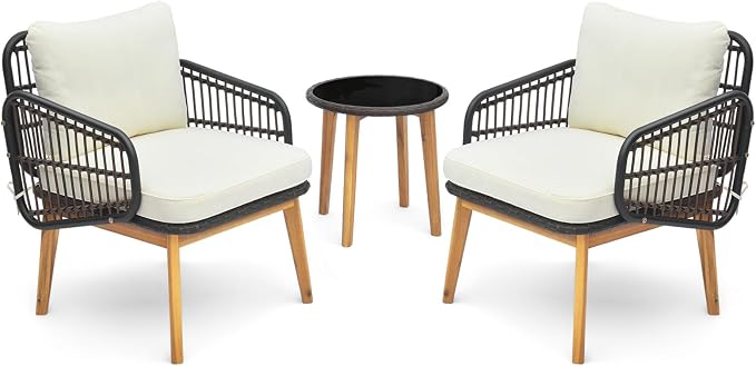 DORTALA 3 Piece Wicker Patio Furniture Set, Wood & Rattan Chairs and Table Sets with Cushions, Outdoor Conversation Set for Porch, Backyard, Poolside