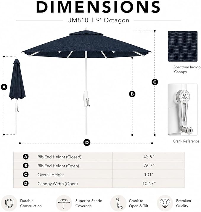 Treasure Garden 9ft Patio Umbrella - Outdoor Furniture Market Umbrella – Deluxe Auto-Tilt – White Aluminum Frame (Sunbrella, Spectrum Indigo)