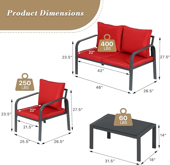 Athena Collection Patio Furniture Set 4 Pieces Outdoor Conversation Sets with Coffee Table & Cushions, All Weather Bistro Chairs Set for Balcony, Lawn, Garden, Poolside, Red